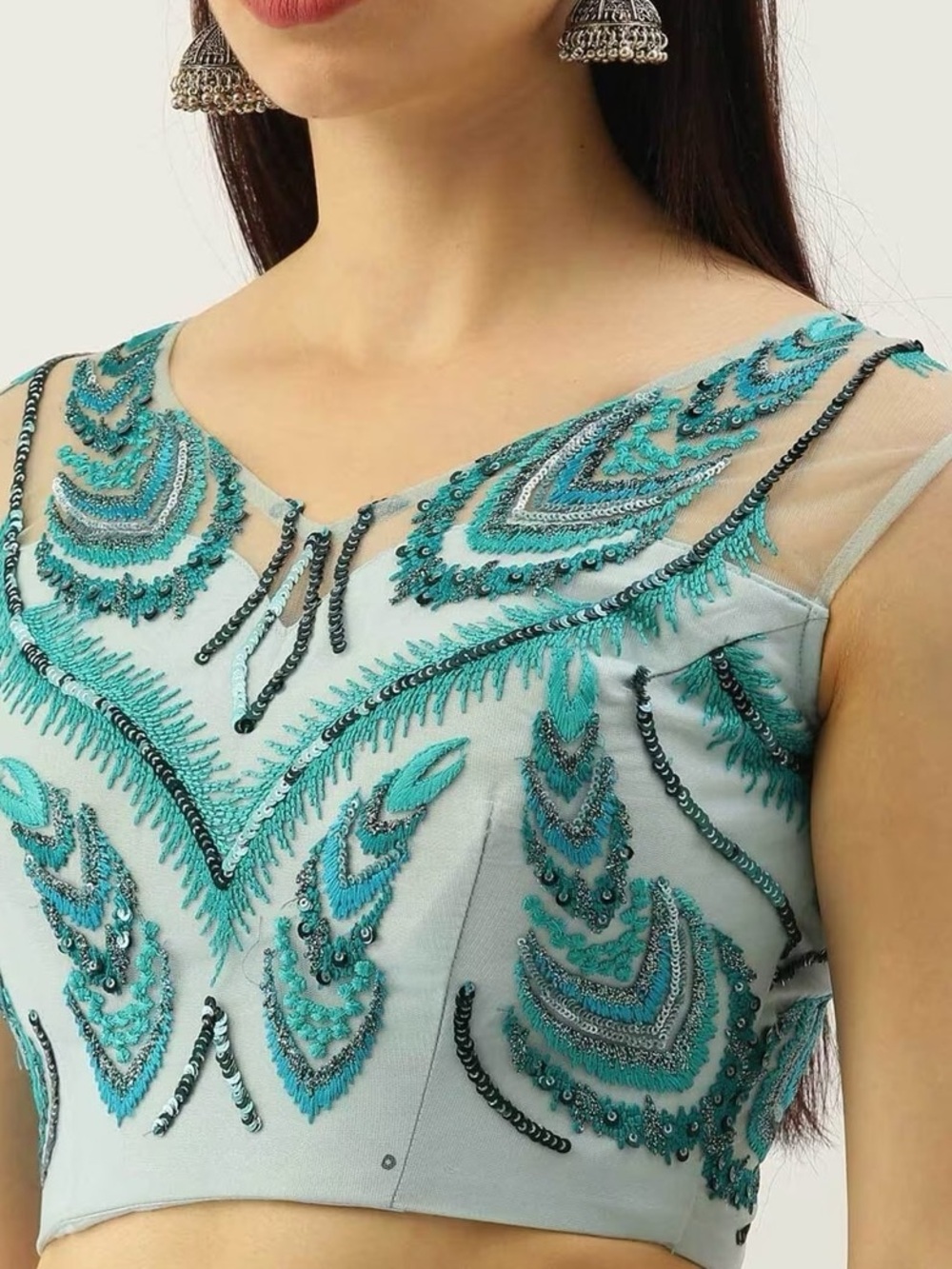 NWT Embellished Aqua Blue Lehenga with Sheer Dupatta - Picture 2 of 15